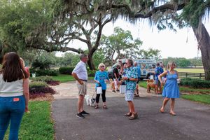 Tourists gather beneath a large oak tree draped with Spanish moss at a scenic outdoor location.