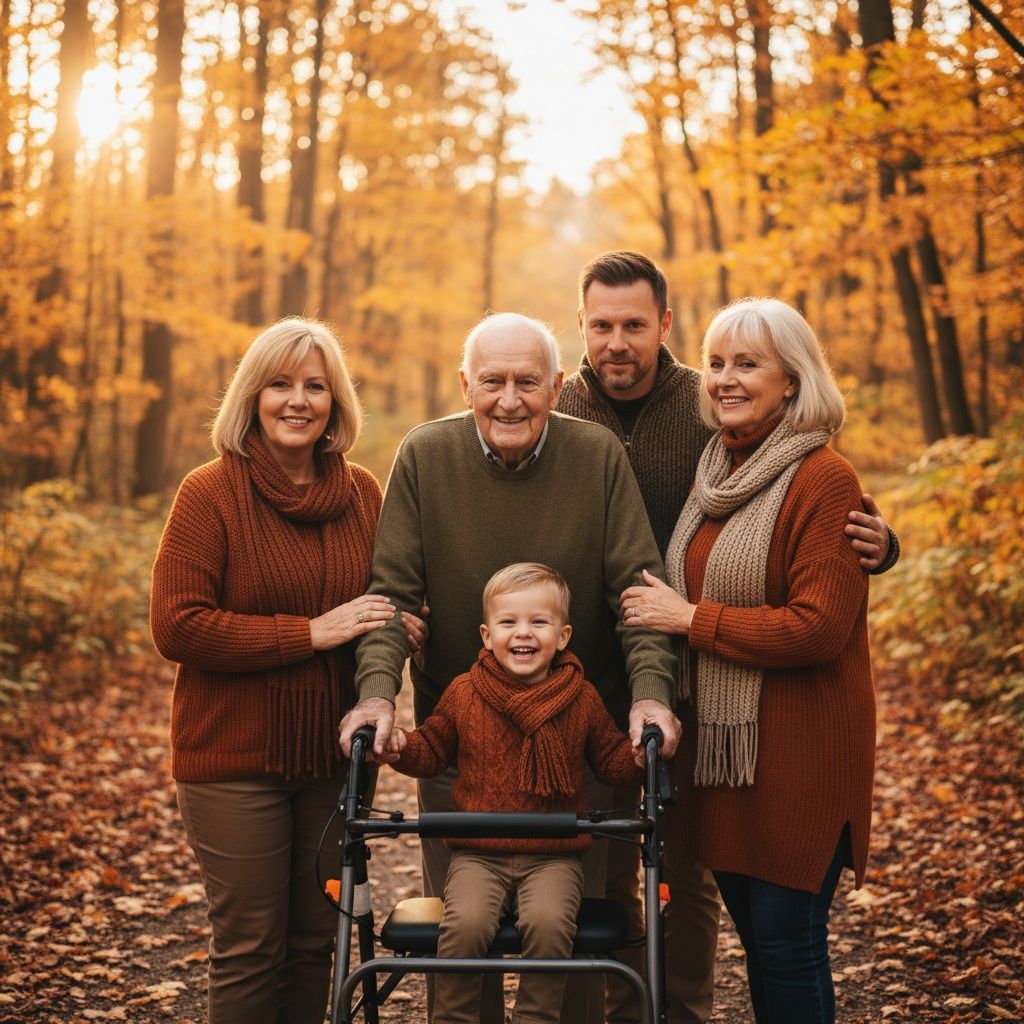 Family enjoying a warm autumn day together in a forest filled with golden leaves and sunlight.