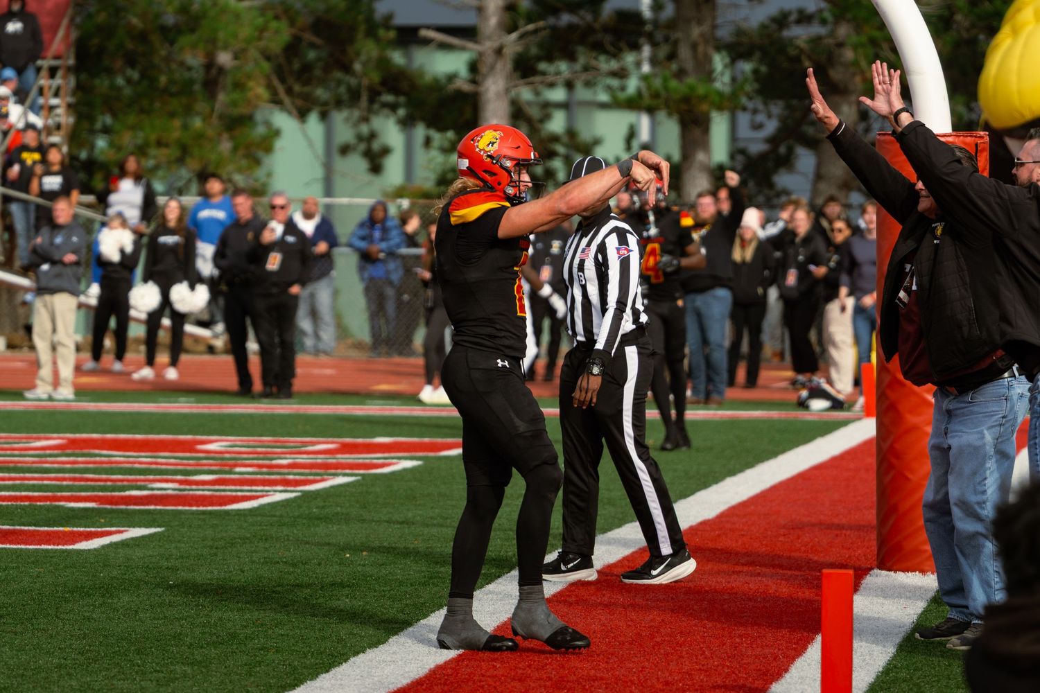 Logan Bower celebrating the game winning touchdown against GVSU, Ferris St. vs GVSU, Top Taggert Field, Big Rapids MI, 10/25/25