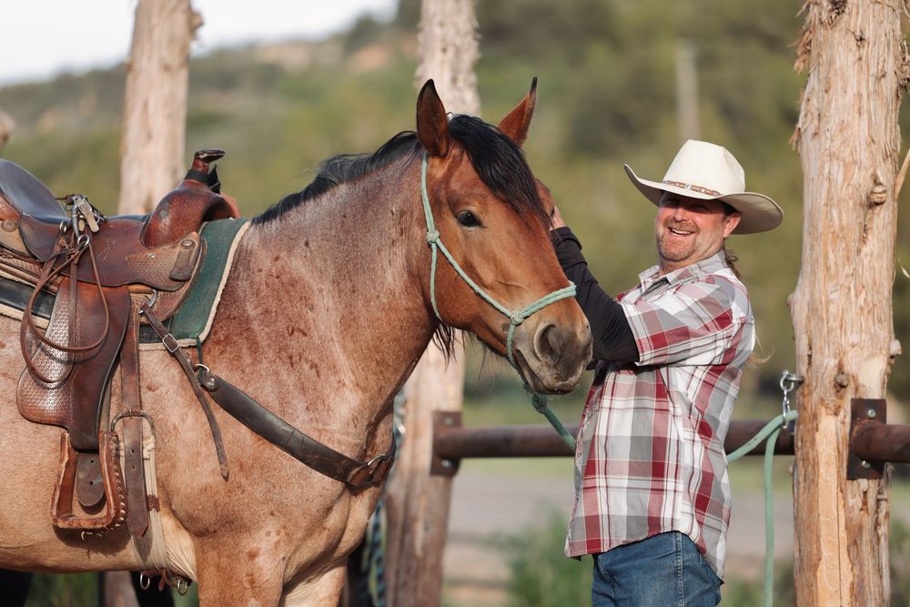 Horse and rider in western attire standing between wooden posts on a trail.