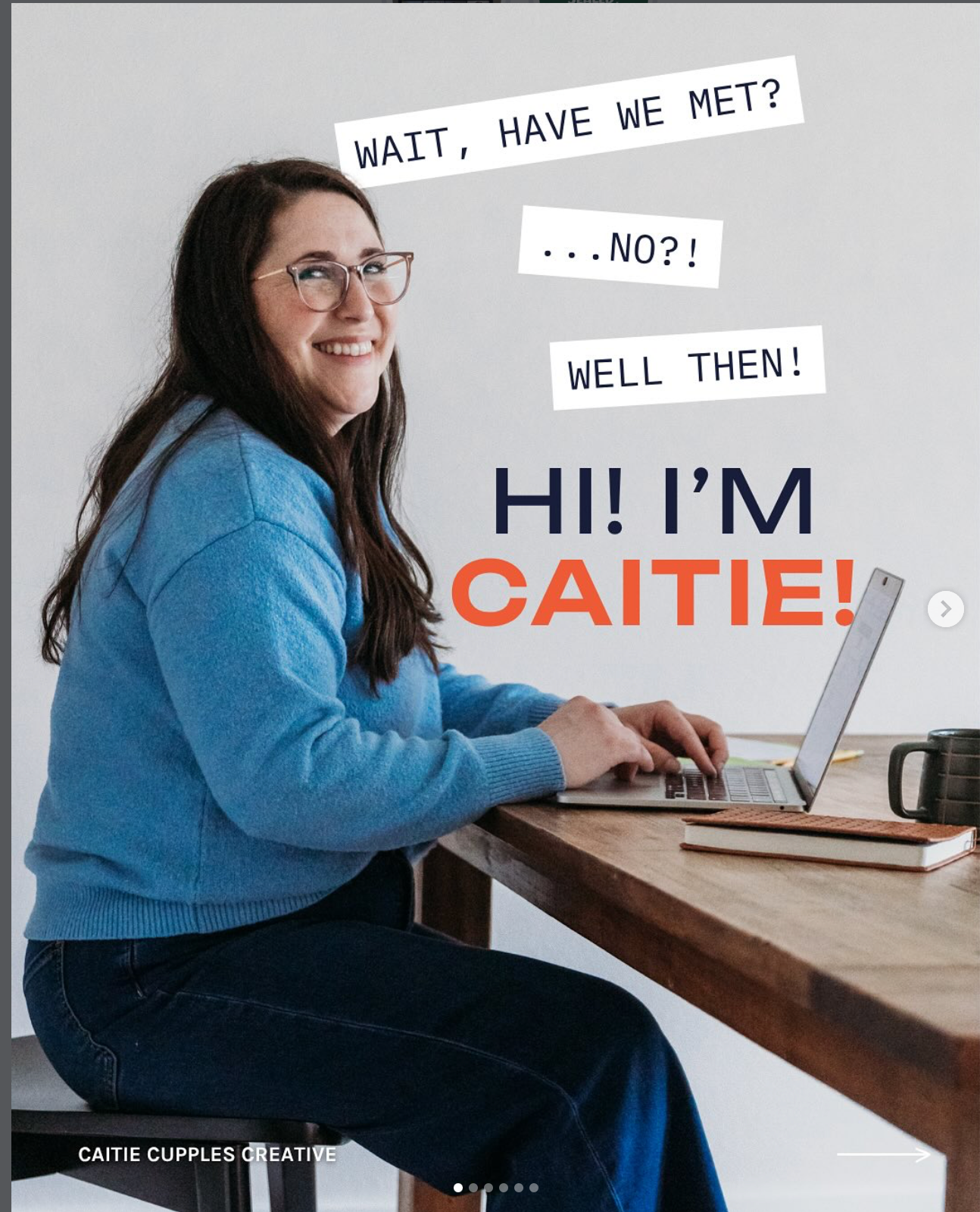A sequence of photos shows someone in a blue sweater at a desk introducing themselves through text overlays.