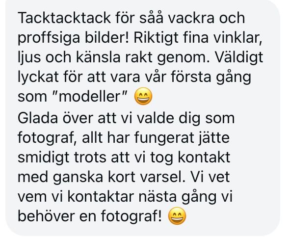 Chat conversation in Swedish with compliments and feedback about photography services.