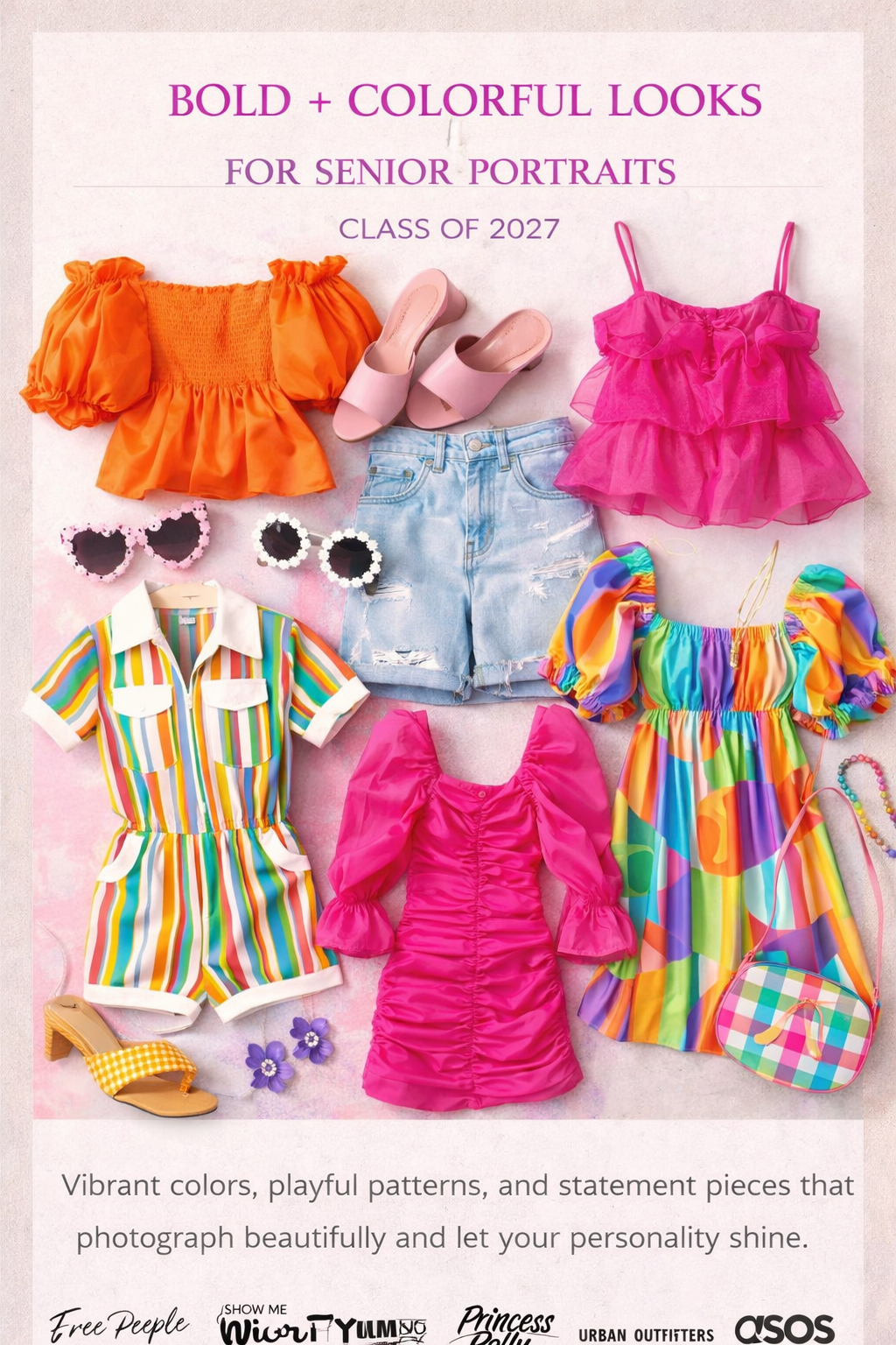 Colorful summer fashion flatlay featuring bright striped dresses, pink tops, denim shorts and orange ruffled clothing.