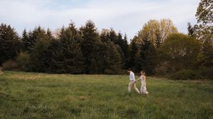 A panoramic view of a rural landscape with evergreen trees and autumn foliage against a cloudy sky.