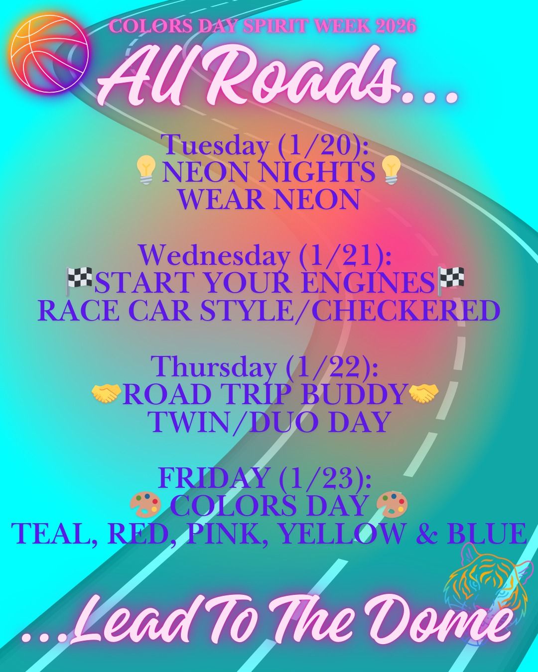 Promotional graphics for 'All Roads Lead to the Dome' event featuring neon colors and racing-themed design elements.