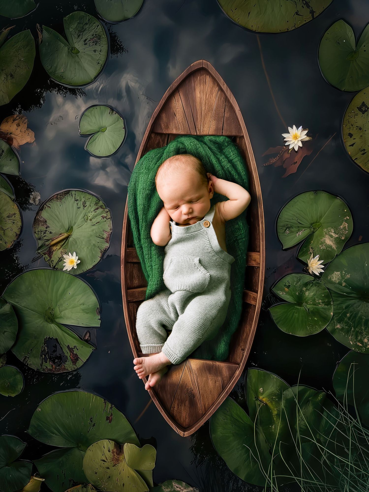 Newborn Baby in gray outfit lying in wooden boat surrounded by lily pads and water flowers.