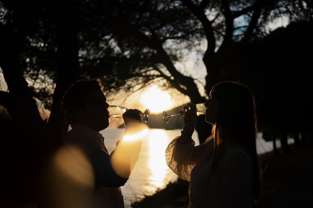 Silhouettes of people enjoying drinks at sunset by the water with sun rays peeking through tree branches.