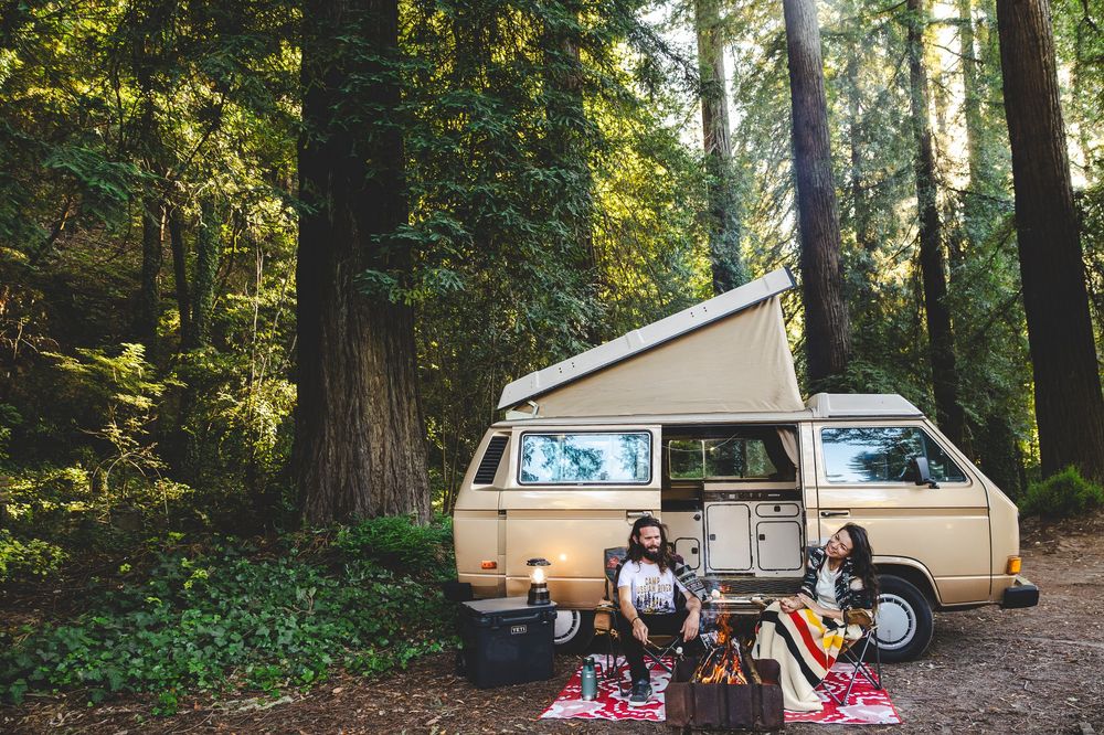 A group of campers gather around a picnic blanket for a meal in a lush forest campsite with RVs parked nearby.