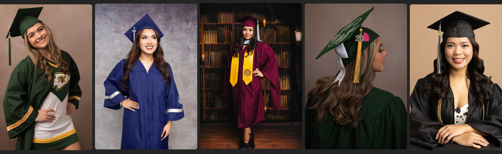 A series of graduation portraits showing graduates in traditional caps and gowns posing against various backgrounds.