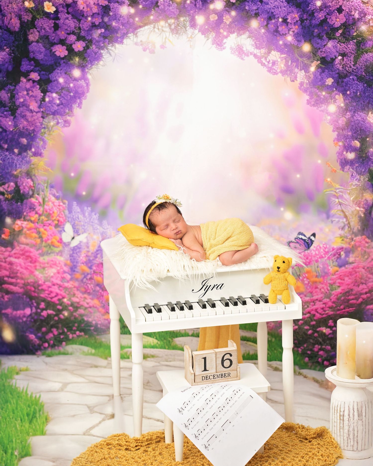 A dreamy pink and purple floral garden setting with a white piano bench and glowing ethereal lighting creates a magical atmosphere.