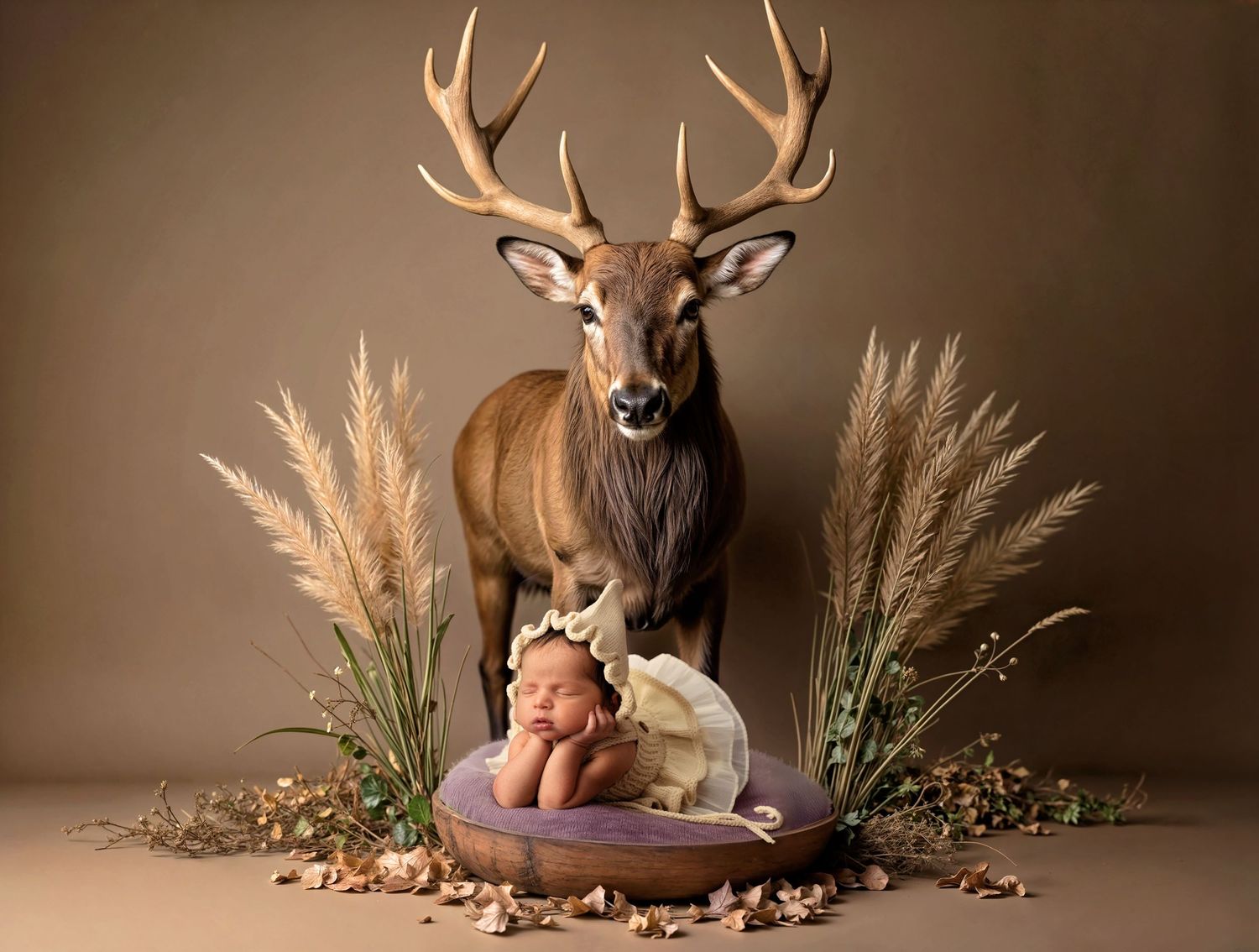 A collection of newborn baby photography portraits with rustic autumn decorations and antlers in warm neutral tones.