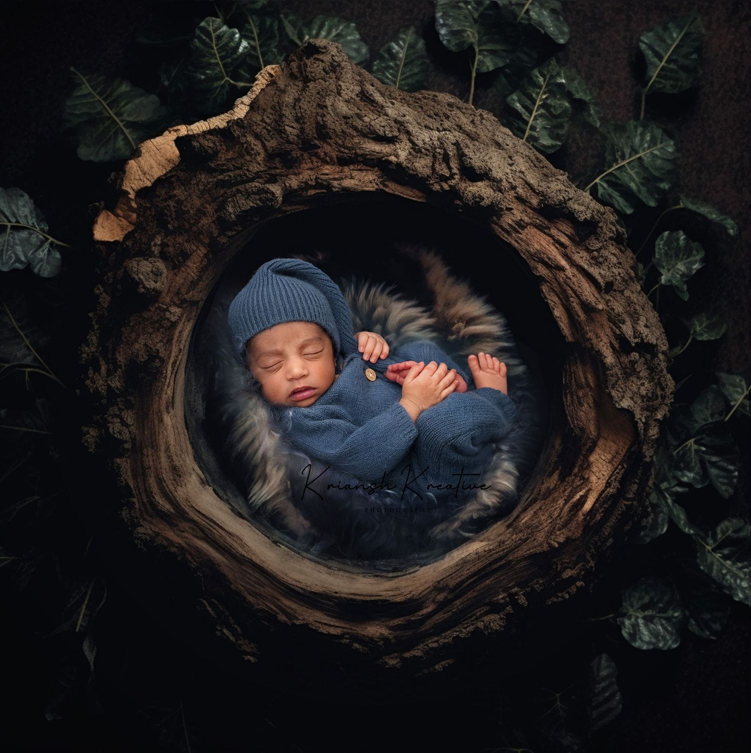 A series of creative photos showing a small figure nestled inside a hollow tree trunk in moody forest lighting.