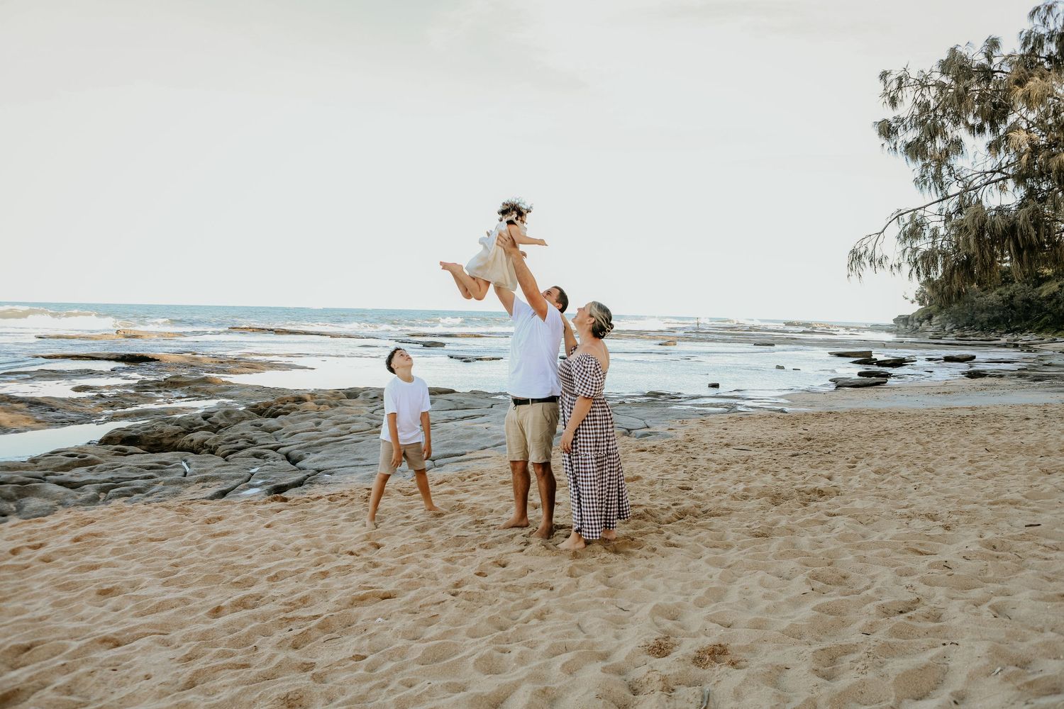 A collage of beachside scenes shows people enjoying leisure activities along a sandy shoreline with coastal vegetation.