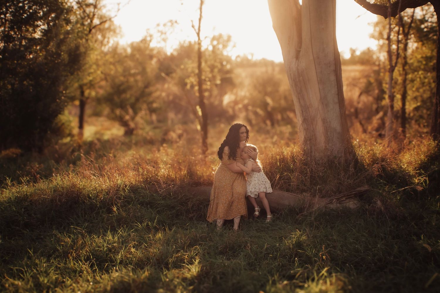 A golden retriever sits beside someone in a sunlit forest clearing during golden hour.