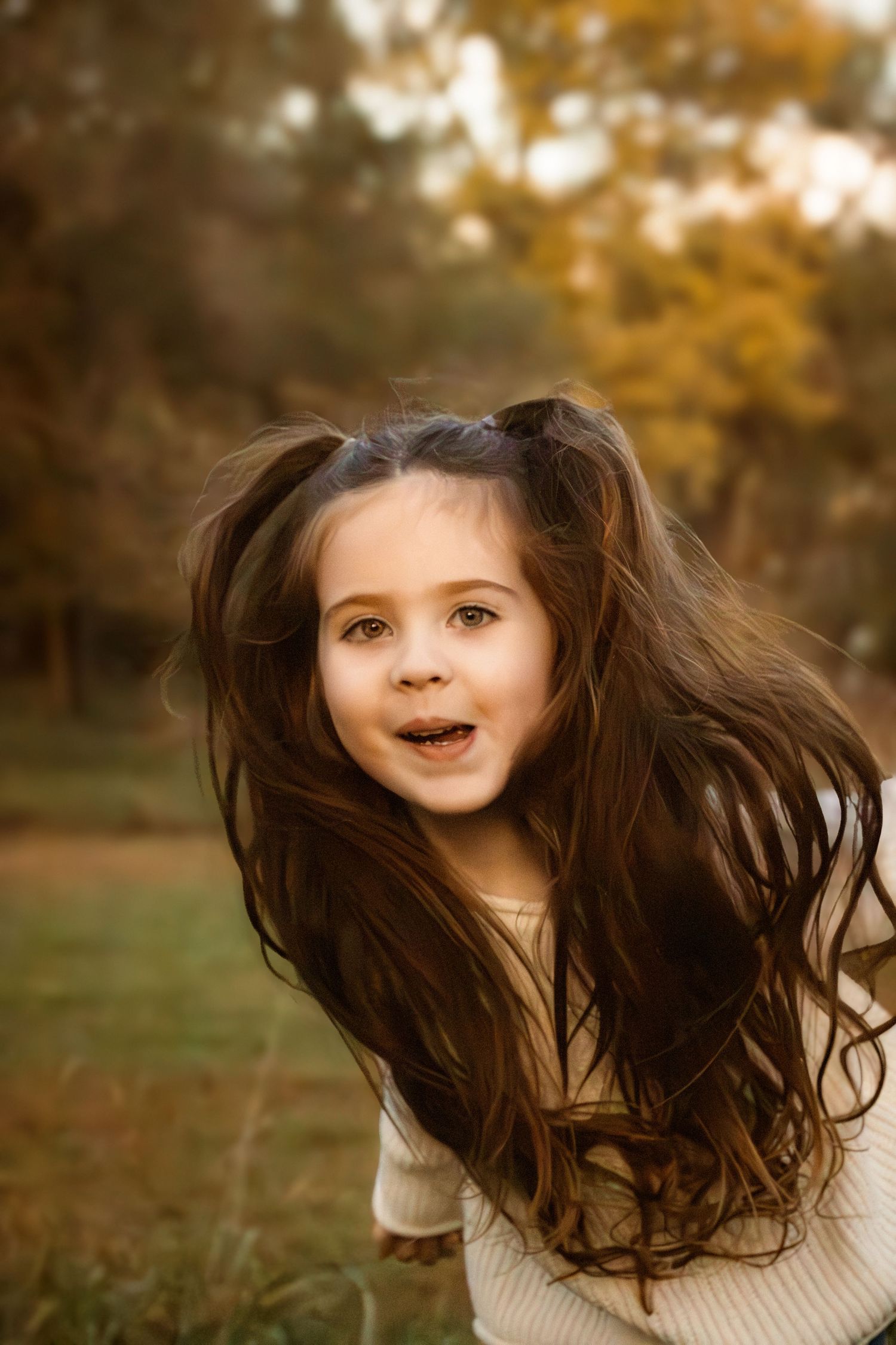 A child with flowing dark hair plays outside during golden hour in autumn, creating a whimsical motion sequence.
