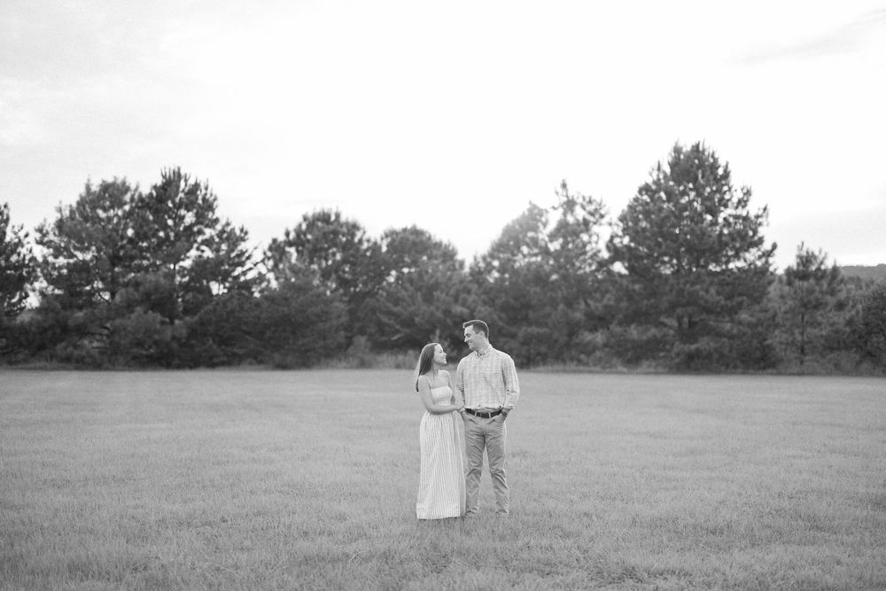 Two figures stand together in a distant grassy field with trees on the horizon.