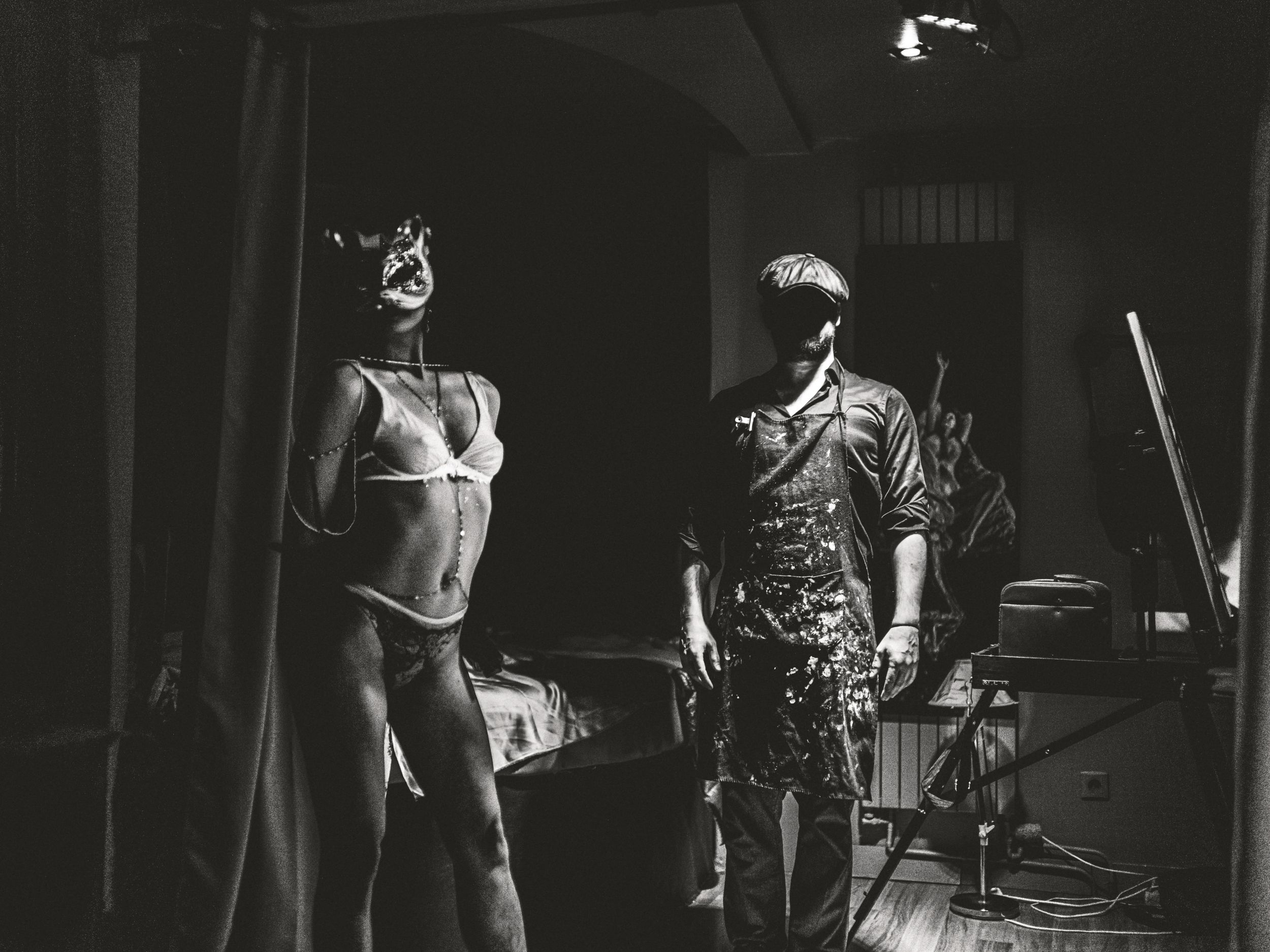 Surrealist painter, Alexandre and muse in 'Nuit Prohibées' Cabaret, Montmartre, Paris. 2024