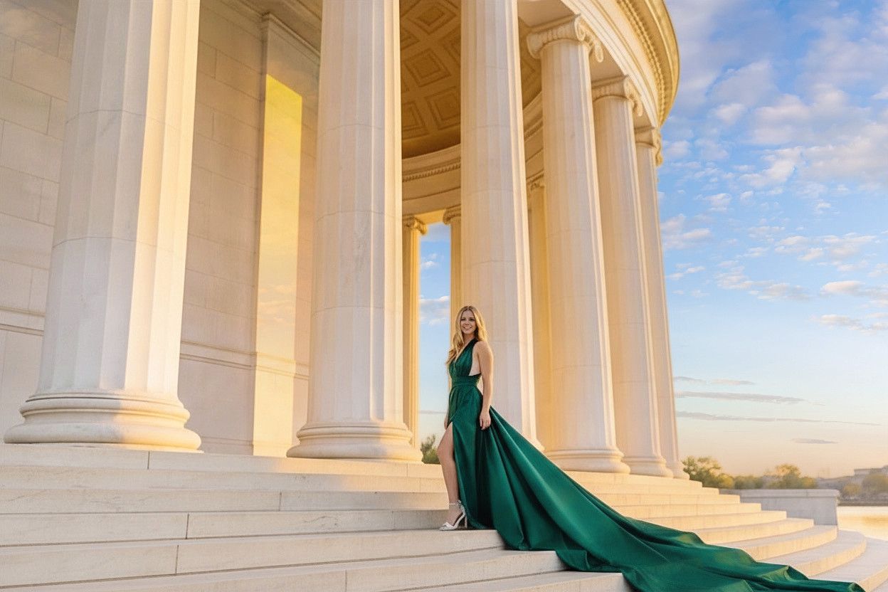 Woman in flowing emerald green dress poses elegantly between classical white marble columns at sunset. Jefferson Memorial Washington DC