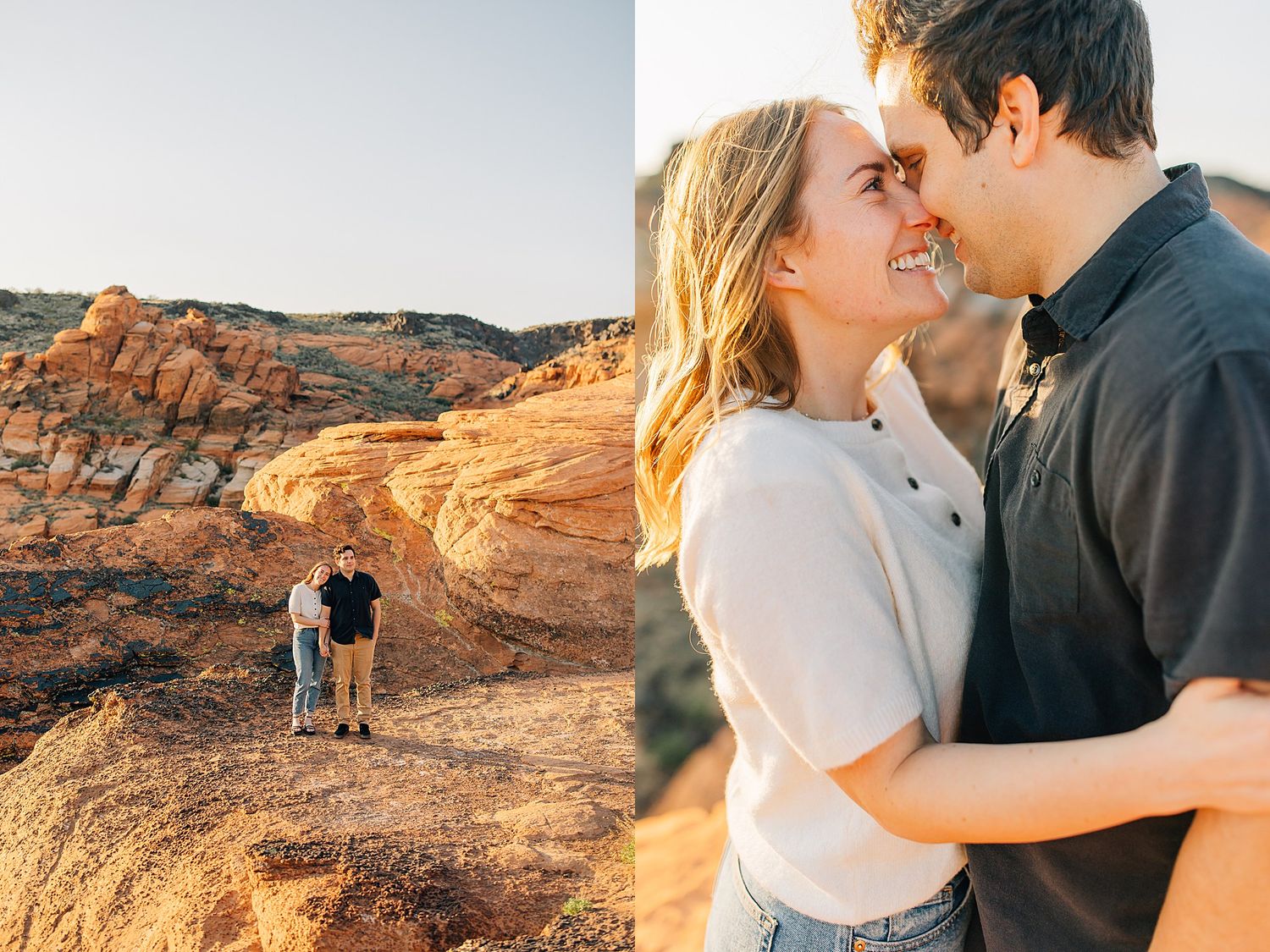 A couple embraces during golden hour at a scenic red rock canyon overlook with another person visible in the distance.