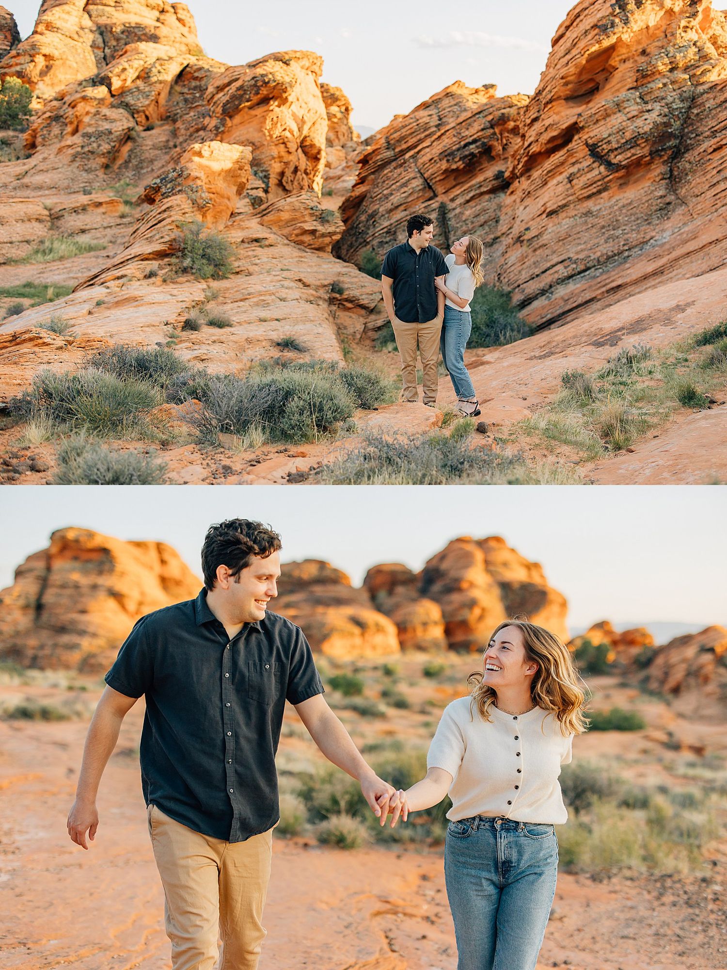 Two people enjoy a romantic moment while hiking among stunning red rock formations in Valley of Fire State Park at sunset.