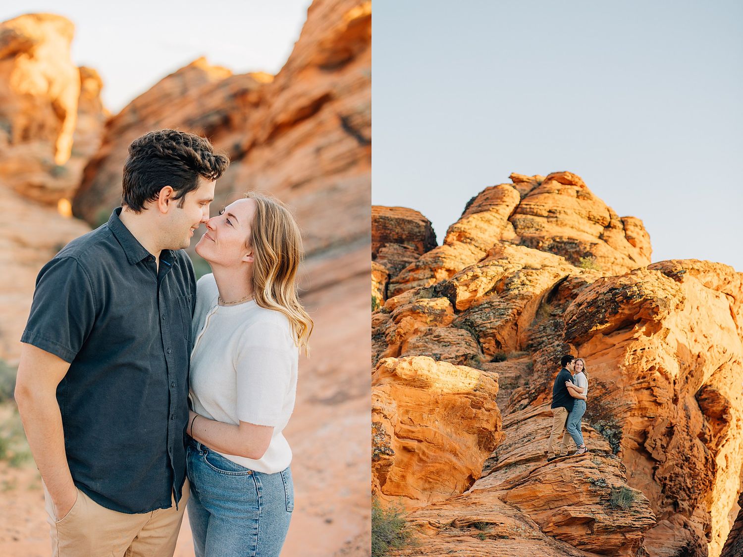 Romantic couple embraces among red sandstone rock formations at sunset in a desert landscape.