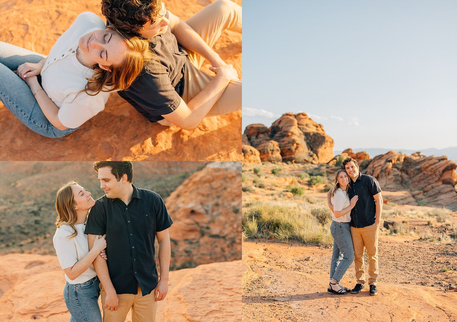 Romantic couple embraces at sunset against red rock formations in a desert landscape.