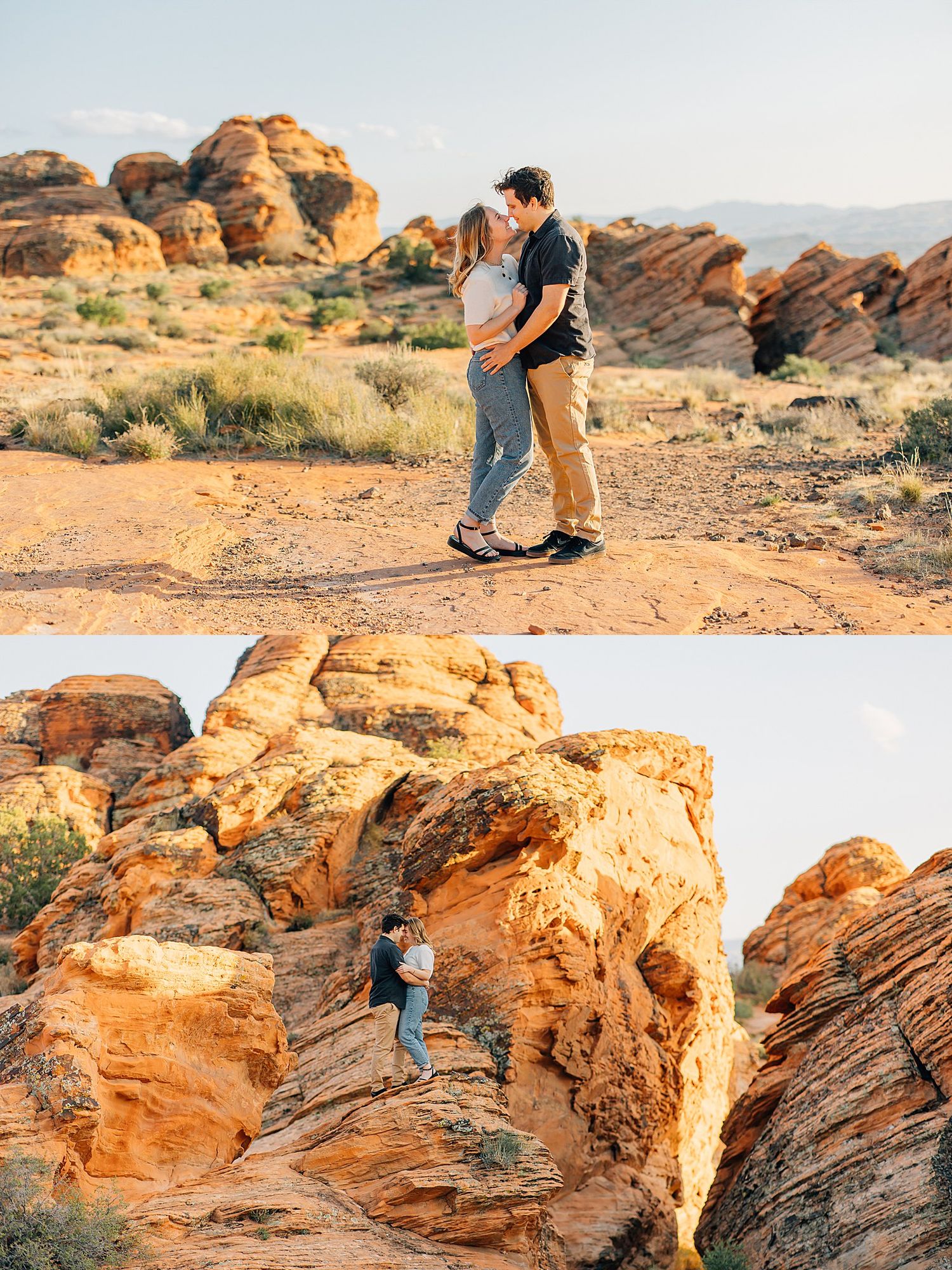 A couple poses together on red sandstone formations during sunset at Valley of Fire State Park in Nevada.