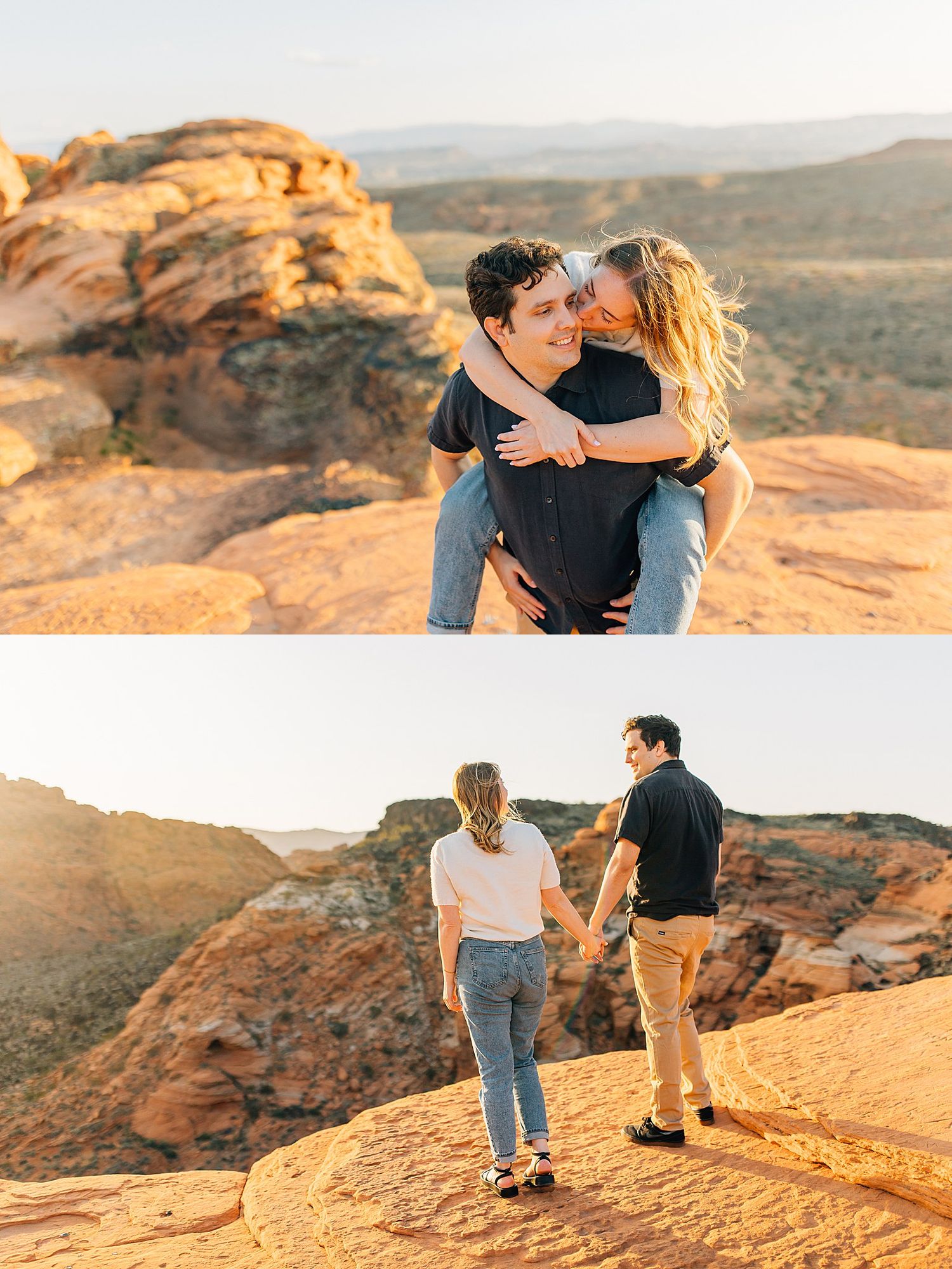 A couple shares romantic moments on red rock formations during golden hour at a scenic desert overlook.