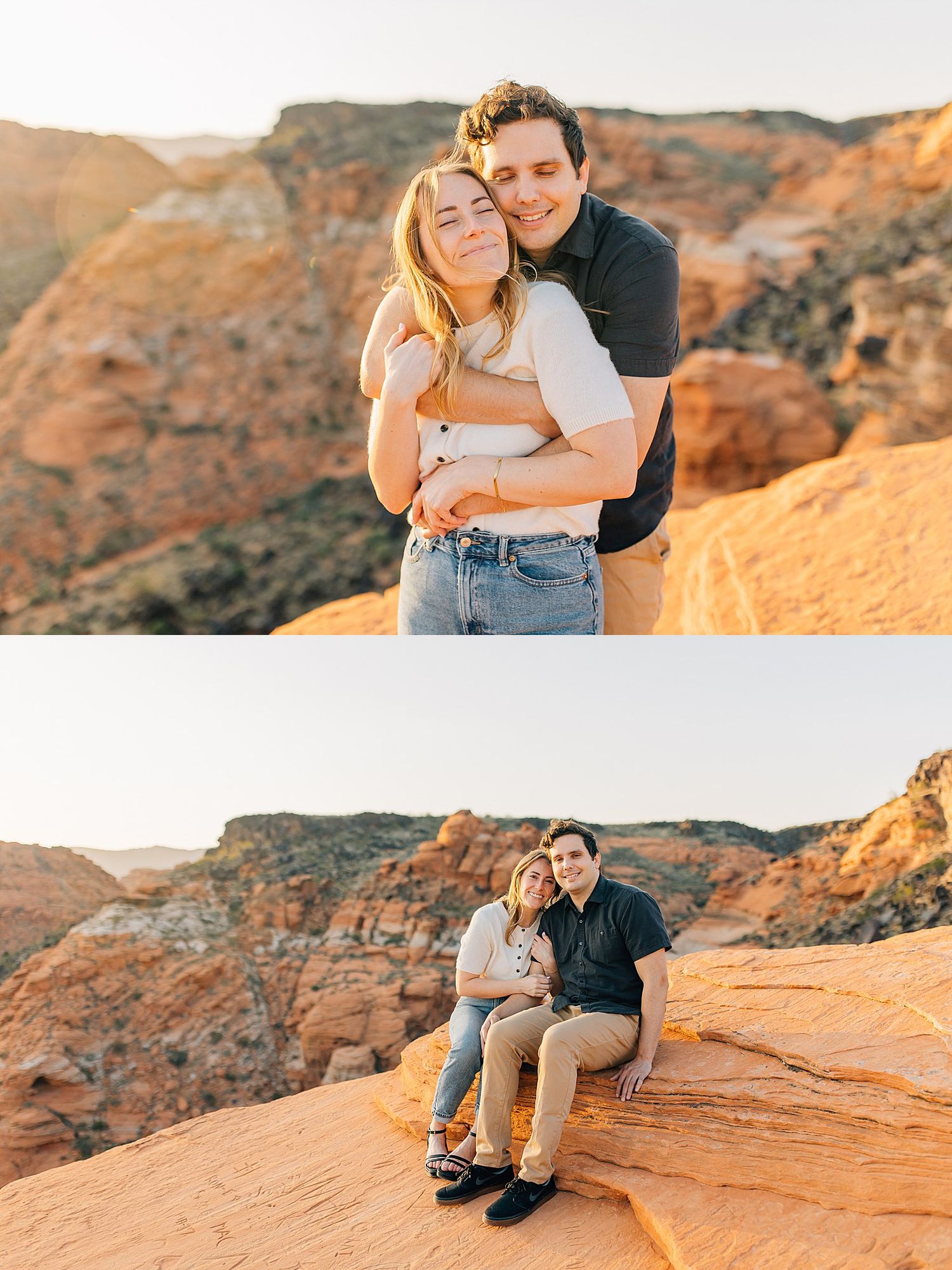 A couple embraces while enjoying sunset at a scenic red rock canyon overlook.