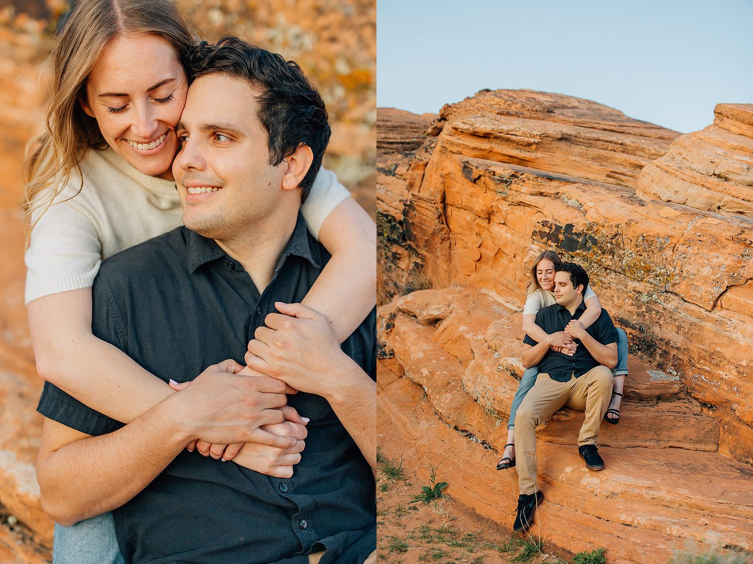 A couple embraces in autumn foliage alongside an adventurous hiker perched on red rock formations in the desert.