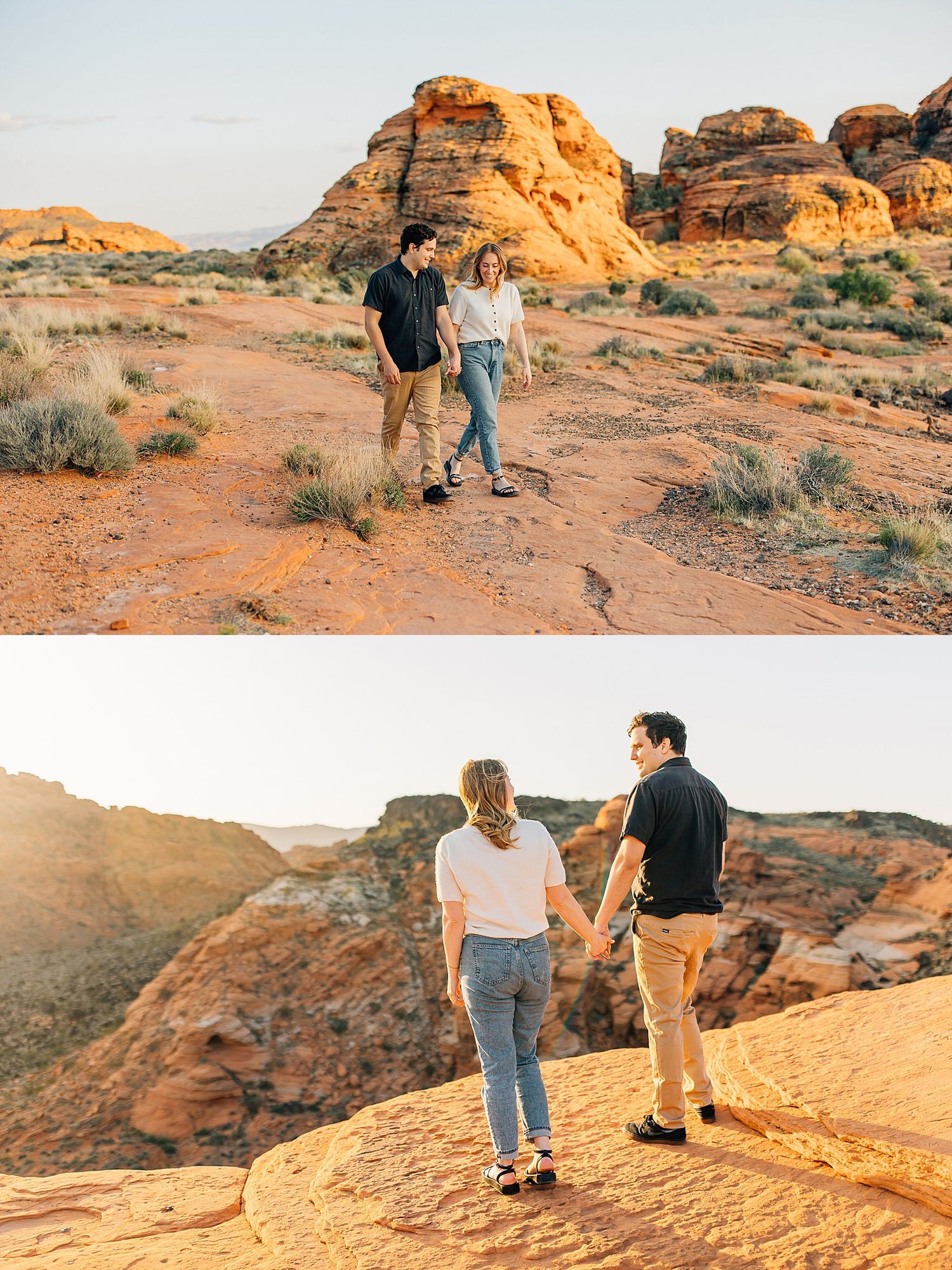 Adventurous couple exploring scenic red rock formations in a desert landscape during golden hour.