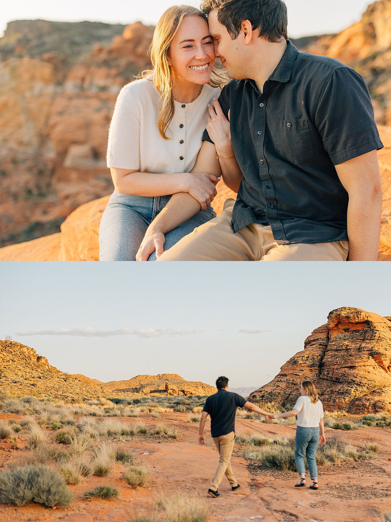 Couple sharing intimate moment and walking together through scenic red rock desert landscape at sunset.