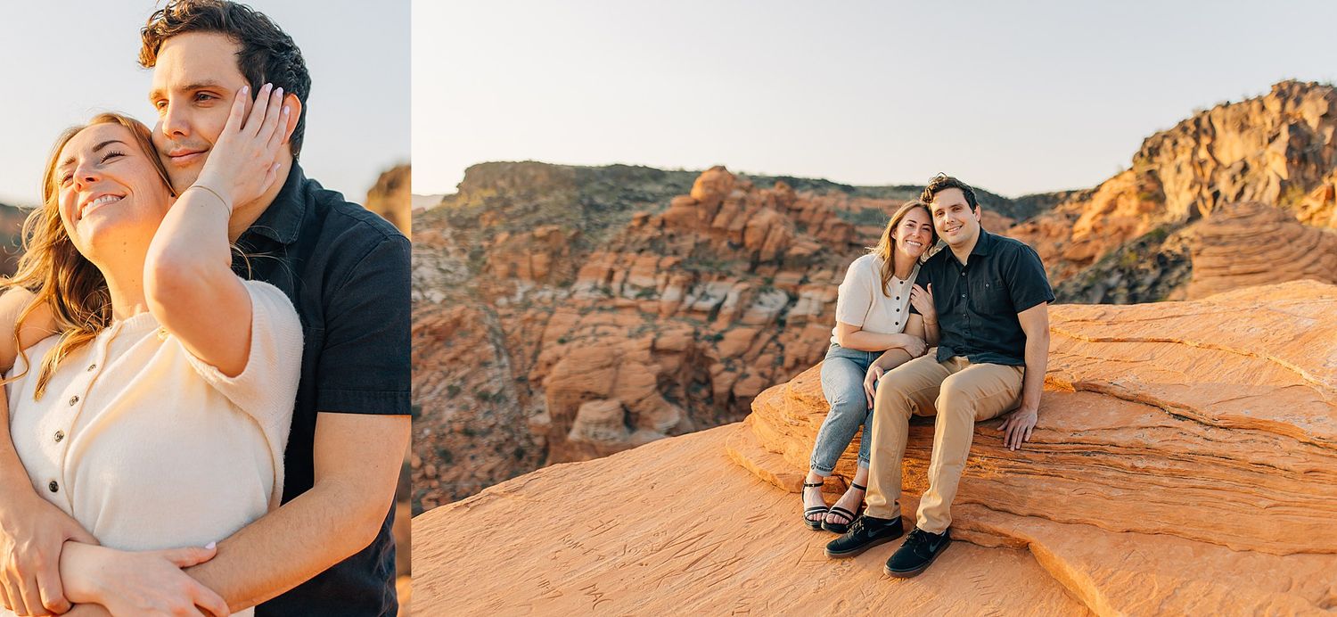 A group of people pose and embrace on red sandstone cliffs during golden hour at sunset.