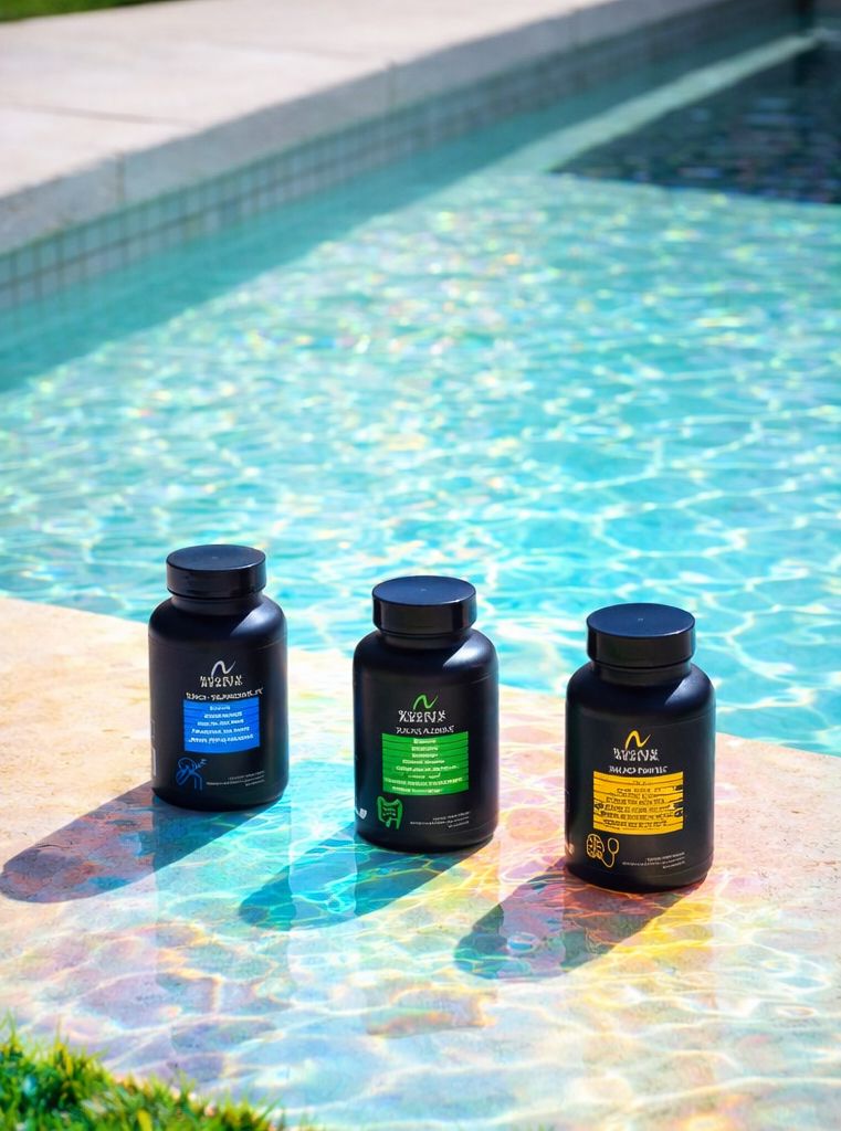 Black skincare product jars displayed on a marble surface beside a sparkling blue swimming pool on a sunny day.