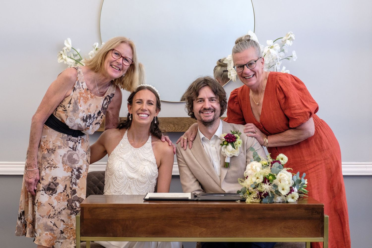 Couple and their witnesses pose after signing at Islington Town Hall