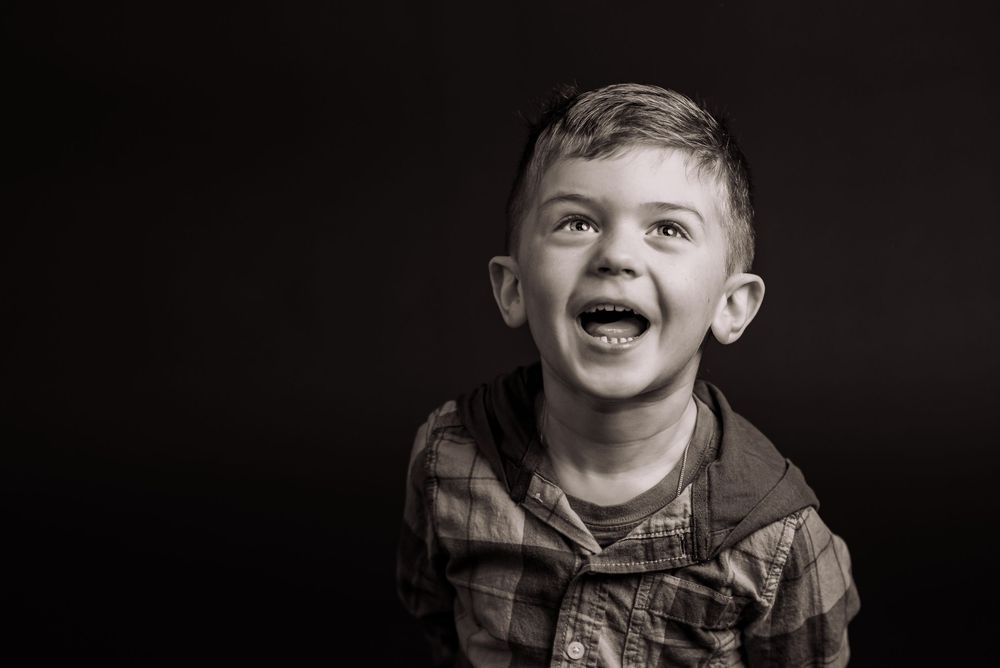 Five-year-old boy photographed in an at-home studio with professional studio lighting in Beaverton, Ontario.