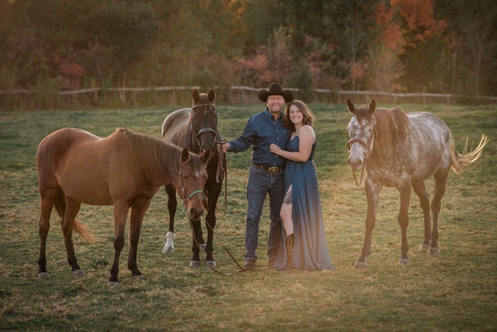 Couple with their horses photographed at golden hour in the Greater Toronto Area.