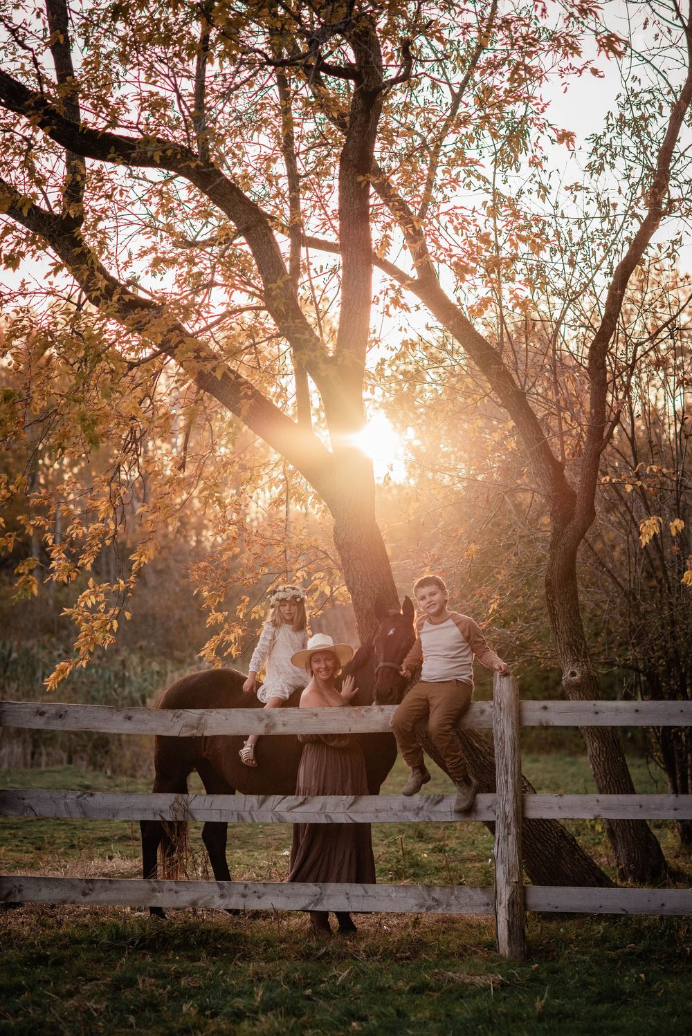 Family with their horse photographed at golden hour in Beaverton, Ontario.