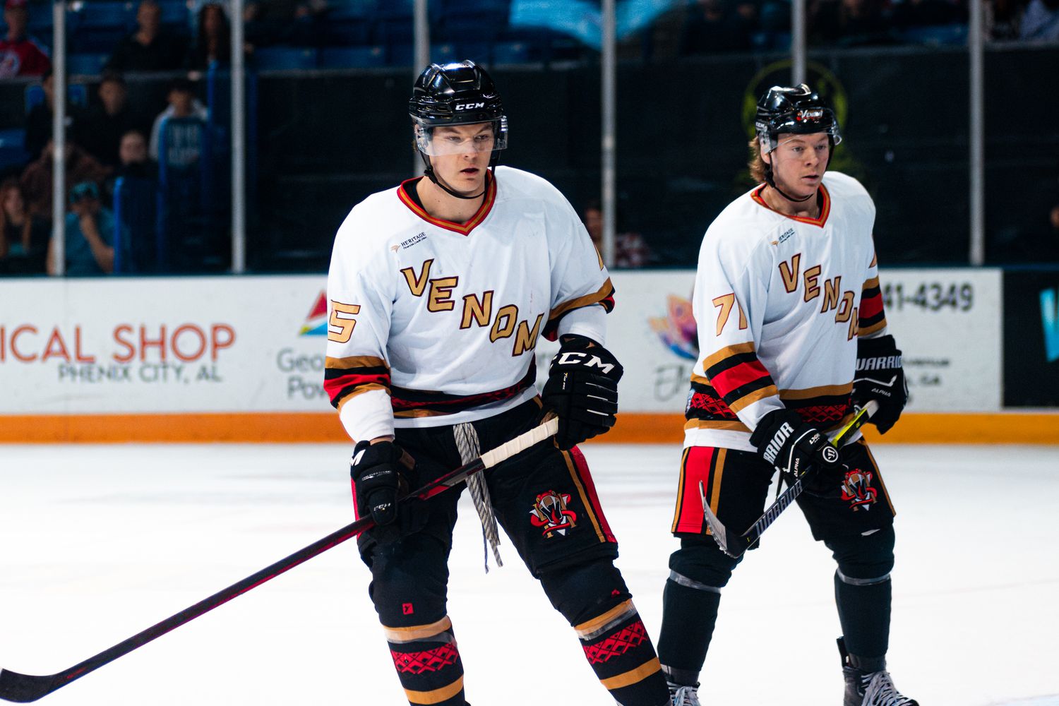 Two hockey players in black and red jerseys skate on ice during a professional game.