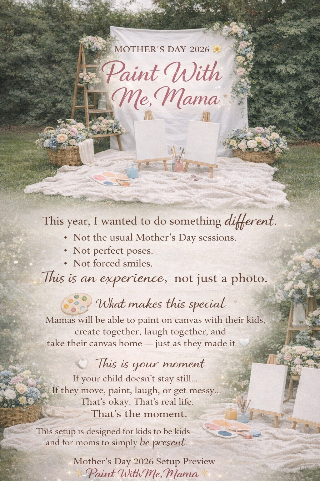 A rustic outdoor Mother's Day painting event setup with canvas stations, floral decor, and pink signage.