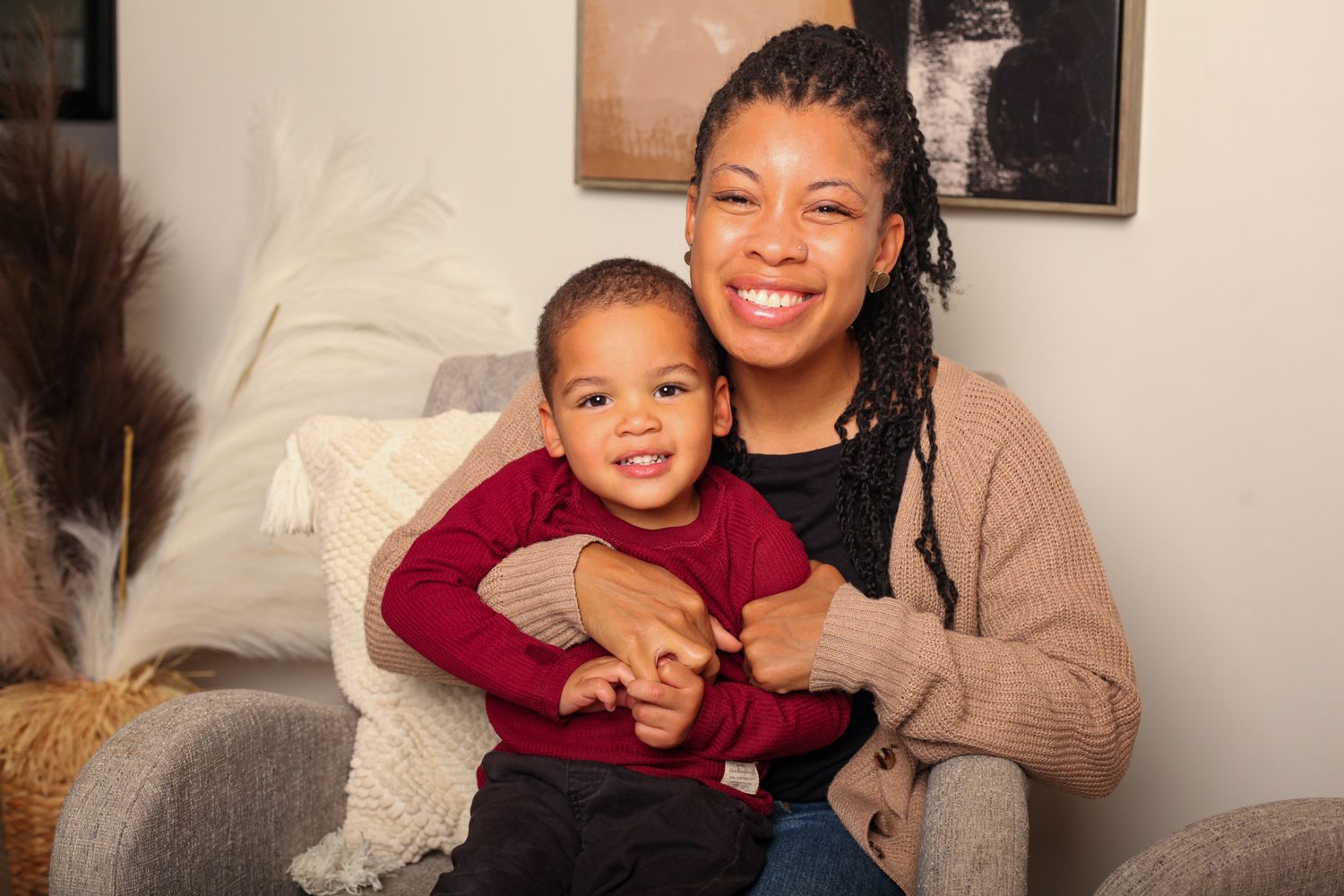 A joyful family moment captured in a series of candid photos showing warm embraces and playful interactions at home.