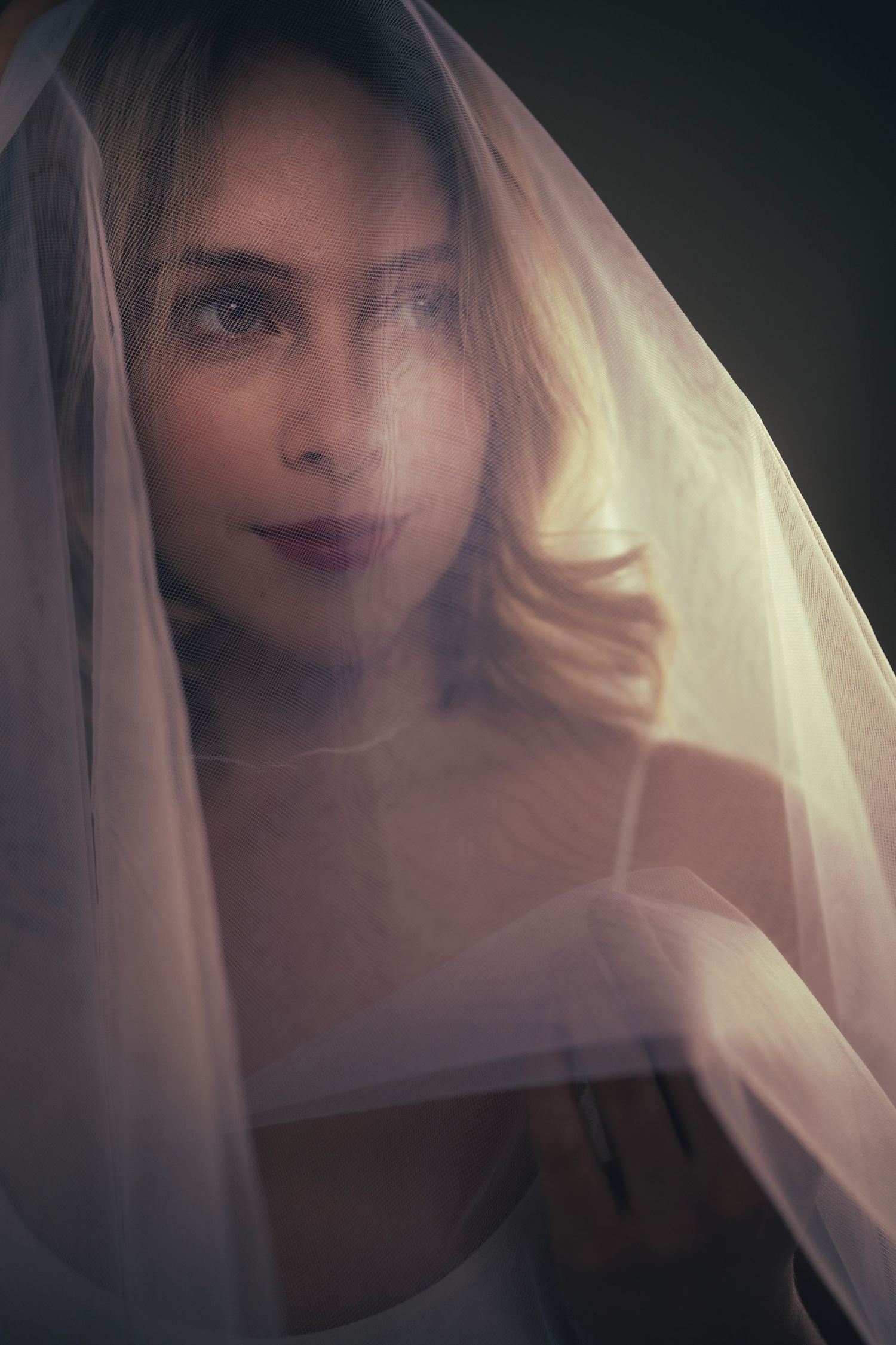 Ethereal portrait series with soft lighting and sheer veil creating dreamy atmosphere.
