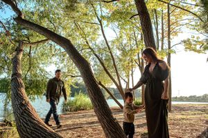 Two people stand near a curved tree trunk by a peaceful lake on a sunny afternoon.