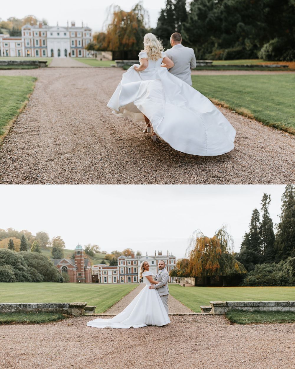 A bride in a flowing white dress twirls gracefully on a gravel path near a grand historic estate building.