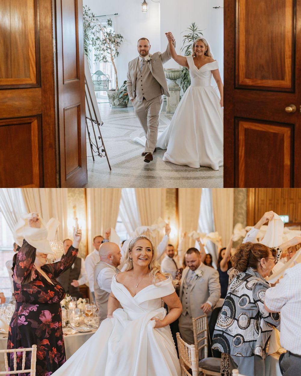Wedding party celebrates joyfully in an elegant venue with wood paneling and white decor.