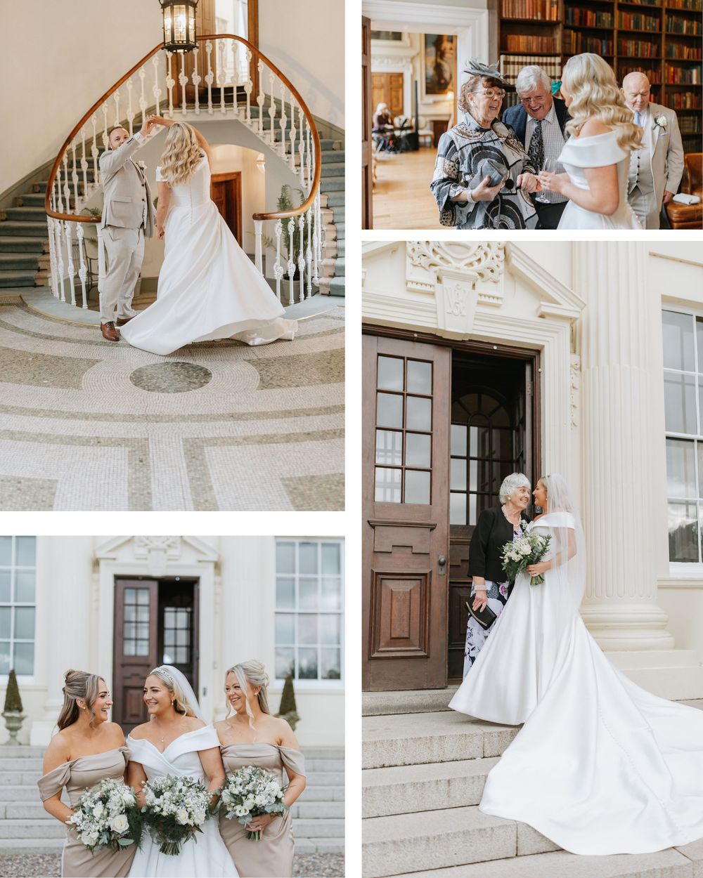 Elegant wedding party poses on grand white staircase in classic mansion with natural light streaming through windows.