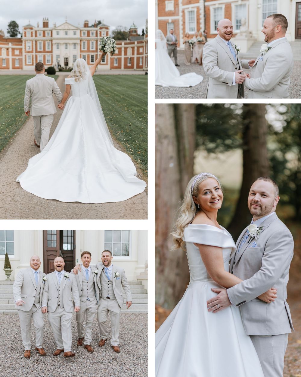 A wedding celebration collage showing elegant white gowns, light gray suits, and romantic outdoor venue settings.