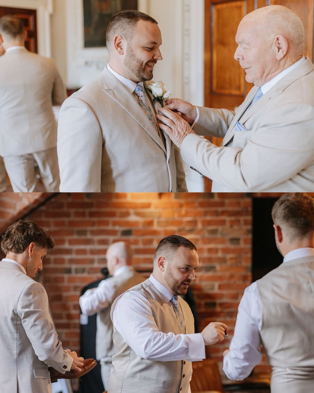 Two heartwarming moments of wedding preparation as groomsmen help adjust each other's formal attire before the ceremony.