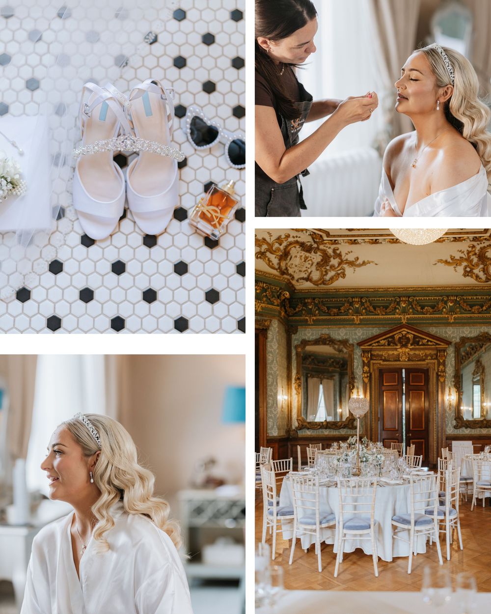 Wedding details collage featuring white shoes, makeup preparation, and an elegant ballroom with ornate gold decor.