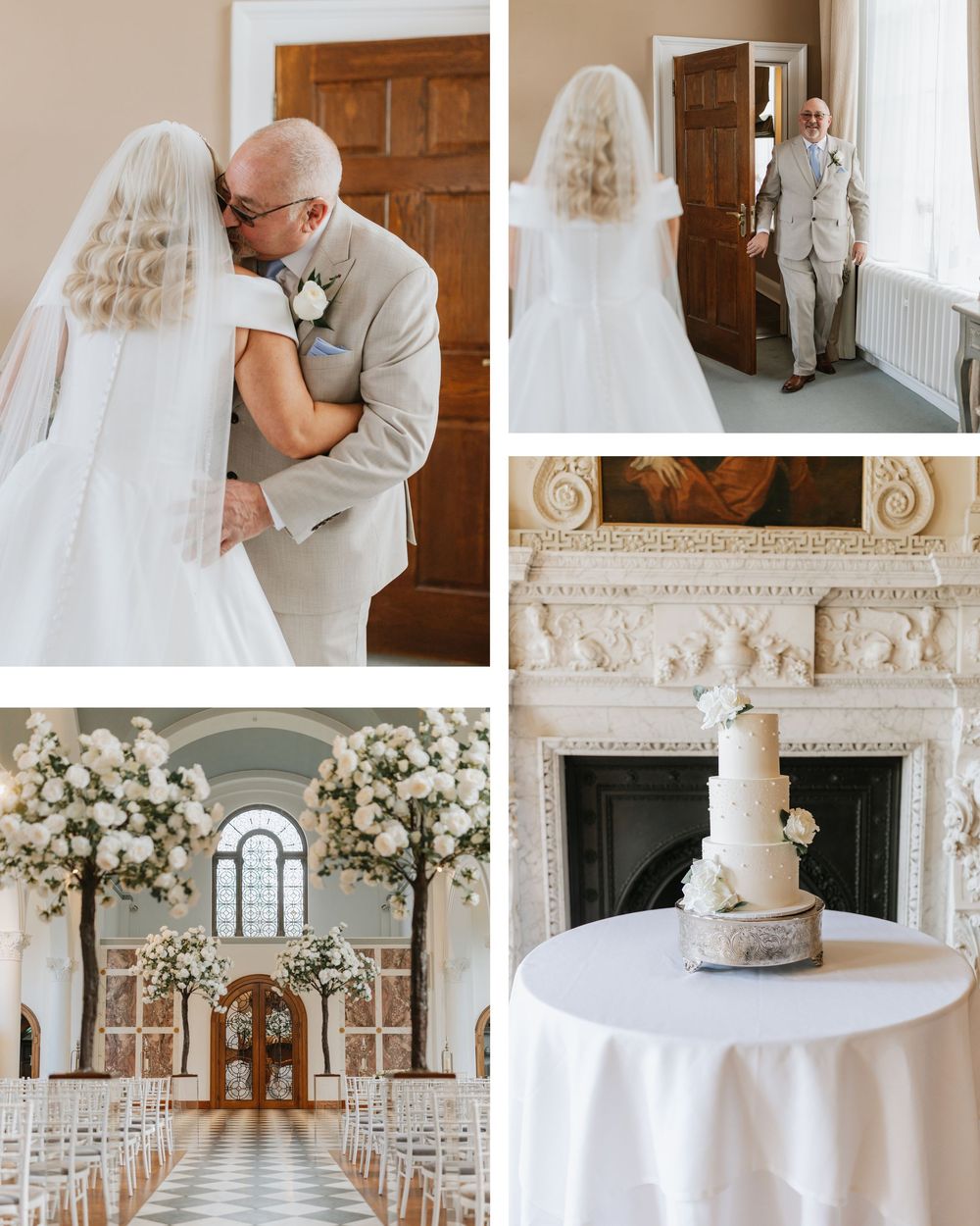 A wedding collage featuring a church ceremony setup with floral arrangements, an elegant white cake, and tender moments in beige attire.